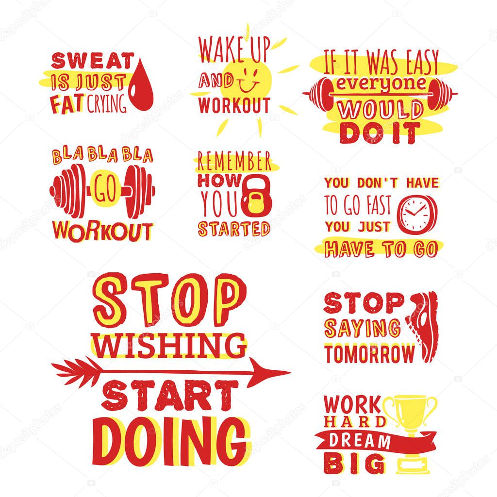 Sport motivational logo vector design hand drawn element banner gym crossfit trainings motivation text lettering illustration. Work positive motivate concept message typographic workout lifestyle.