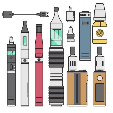 Vape aygıt vektör sigara Buharlaştırıcı buharı suyu vape şişe lezzet illüstrasyon pil bobin elektronik nikotin sıvı yasaktır atomizer aygıt e-sıvı.
