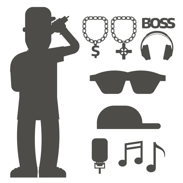 Hip hop uomo accessorio musicista vettore accessori silhouette microfono breakdance espressivo rap moderno giovane moda persona adulto persone illustrazione . — Vettoriale Stock
