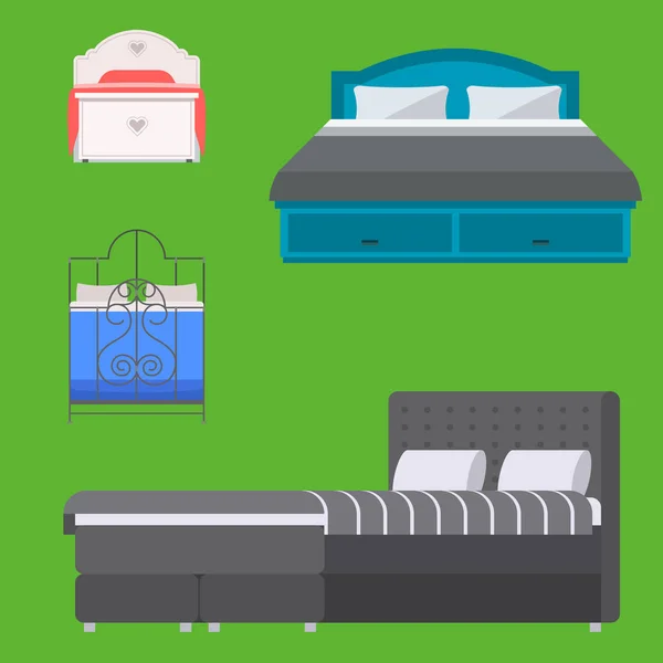 Sovande möbler vektor design sovrum exklusiv säng inre rum bekväma hem avkoppling Lägenhet inredning illustration natt sängkläder sömn hängmatta. — Stock vektor