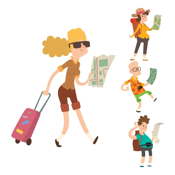 Reisende auf der Suche nach der richtigen Richtung auf dem Karten-Vektor Reisefreiheit und aktiver Charakter Lifestyle-Konzept Illustration. — Stockvektor