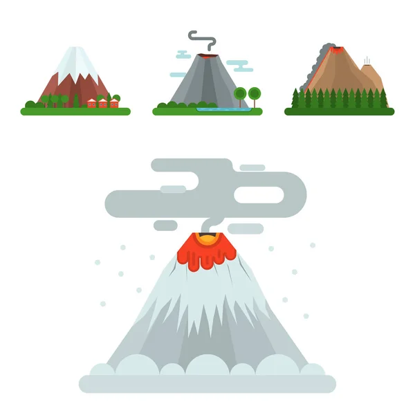 Vulcano magma vettore natura saltare in aria con fumo cratere vulcanico montagna caldo naturale eruzione terremoto illustrazione . — Vettoriale Stock