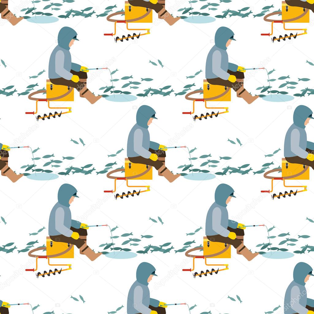 Fishing fishermen vector catches fish fisher threw rod into water catch and spin, man pulls net out of the river character seamless pattern background illustration