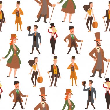 Vintage Victoria karikatür beyler retro insanlar vektör. Antika yüzyıl karakter Victoria gent insanlar vintage vahşi batı erkek ve kadın tarzı giyim tarzı moda eski insanlar Victoria beyefendi