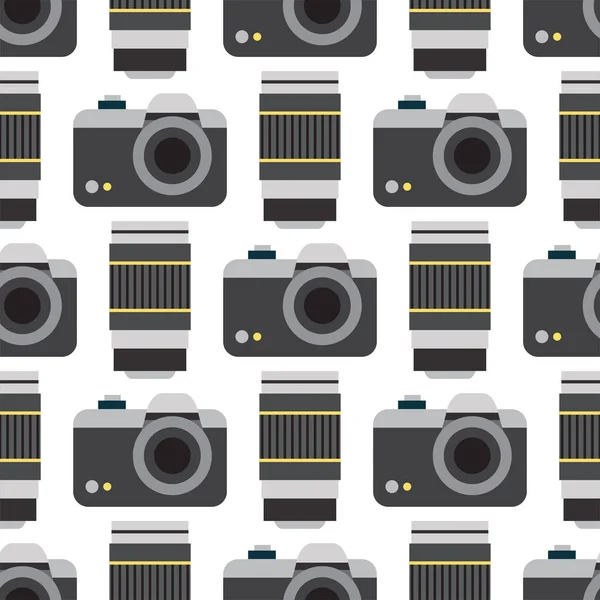 Camera photo vector studio flat optic lenses types objective retro photography equipment photography professional photographer look seamless pattern background illustration — Stock Vector