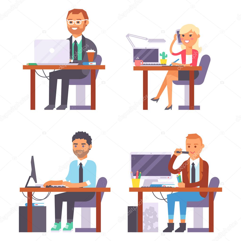 Vector flat people work place business worker person working on laptop at the table in office coworker businesswoman and businessman character workplace computer illustration