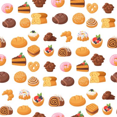 Kurabiye kek lezzetli lezzetli çikolata ev yapımı pasta bisküvi tatlı tatlı ekmek yiyecek Dikişsiz desen arka plan vektör çizim snack