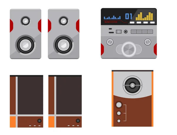 Sistema de sonido acústico estéreo vector plano música altavoces reproductor de equipos de subwoofer tecnología . — Archivo Imágenes Vectoriales