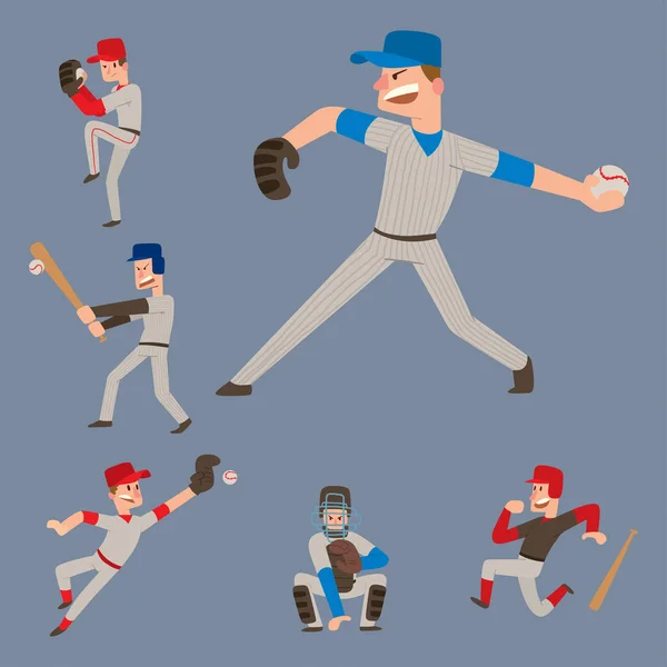 Baseball squadra giocatore vettore sport uomo in uniforme gioco pone situazione professionale campionato sportivo personaggio vincitore illustrazione . — Vettoriale Stock