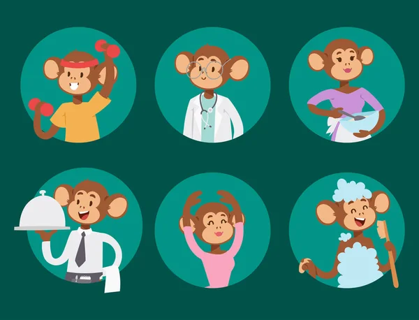 Monos animales raros vector de dibujos animados macaco como la gente naturaleza primate carácter zoológico salvaje mono chimpancé ilustración . — Vector de stock