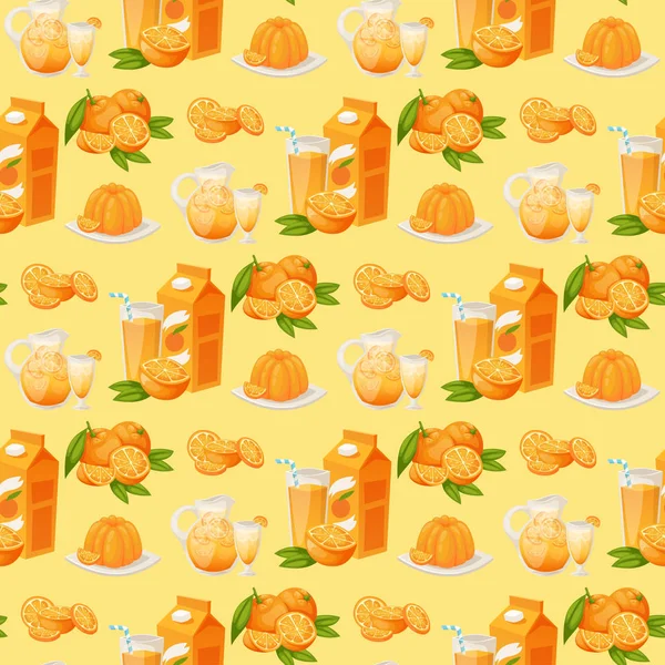 Sinaasappelen en oranje producten vector illustratie natuurlijke citrusvruchten vector sappige tropische dessert beauty biologisch SAP gezonde voeding naadloze patroon achtergrond. — Stockvector