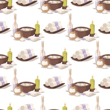 Spa tedavisi güzellik yordamlar sağlık masaj Bitkisel Kozmetik aroma taşlar havlu ve lotus çiçek Dikişsiz desen arka plan vektör çizim.