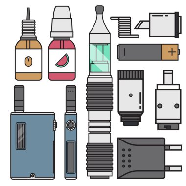 Vape aygıt vektör sigara Buharlaştırıcı buharı suyu vape şişe lezzet illüstrasyon pil bobin elektronik nikotin sıvı yasaktır atomizer aygıt e-sıvı.