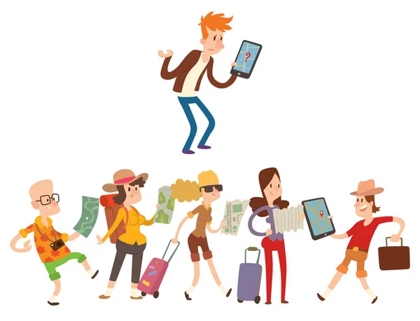 Reisende auf der Suche nach der richtigen Richtung auf dem Karten-Vektor Reisefreiheit und aktiver Charakter Lifestyle-Konzept Illustration. — Stockvektor