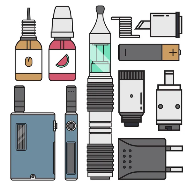 VAPE eszköz vektor cigaretta porlasztó vapor lé vape üveg íz illusztráció akkumulátor tekercs elektronikus nikotin folyékony dohányzás porlasztó eszköz e-folyadék. — Stock Vector