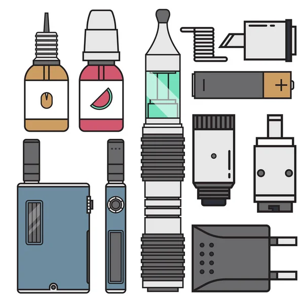 Vape aygıt vektör sigara Buharlaştırıcı buharı suyu vape şişe lezzet illüstrasyon pil bobin elektronik nikotin sıvı yasaktır atomizer aygıt e-sıvı. — Stok Vektör