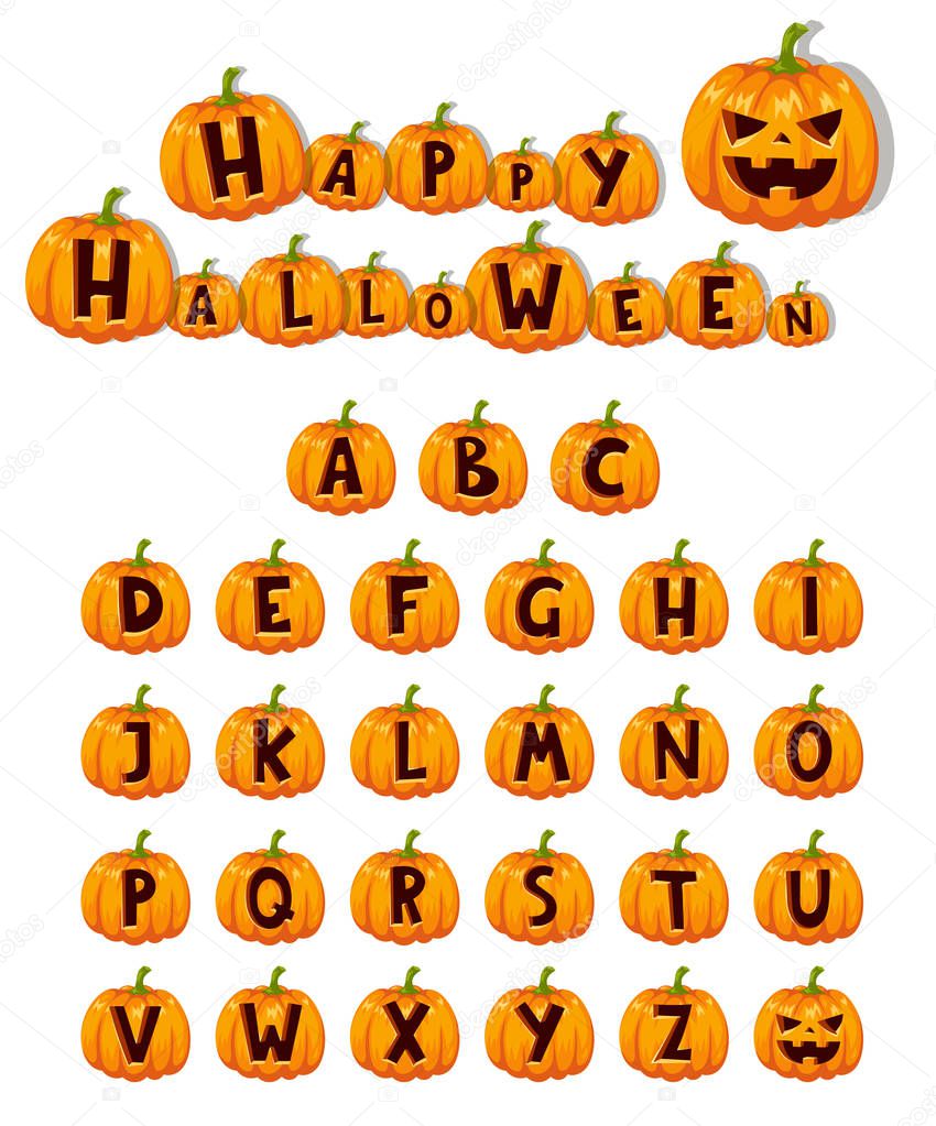 Halloween pumpkin font alphabet text symbols vector illustration.