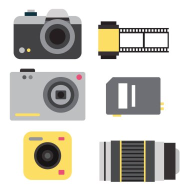 Kamera fotoğraf vektör stüdyo simgeler optik lensler türleri objektif retro fotoğrafçılık ekipmanları profesyonel fotoğrafçı bak illüstrasyon