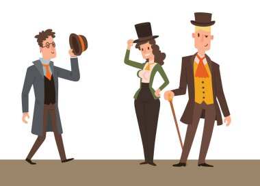 Vintage Victoria karikatür beyler retro insanlar vektör. Antika yüzyıl karakter Victoria gent insanlar vintage vahşi batı erkek ve kadın tarzı giyim tarzı moda eski insanlar Victoria beyefendi