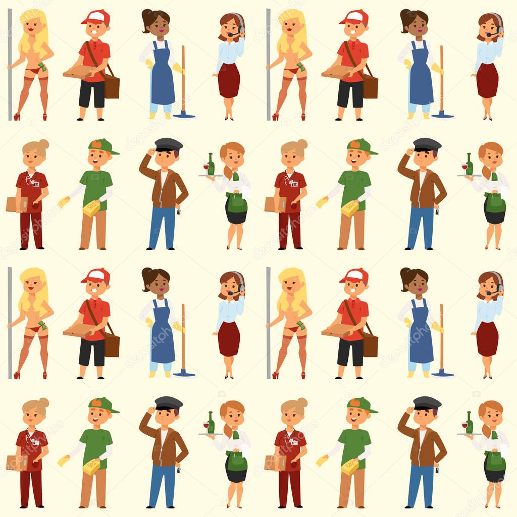 People part-time job professions vector set characters temporary job recruitment concept. Different workers or time unemployed. Young career start boys and girls part time workers opportunity looking