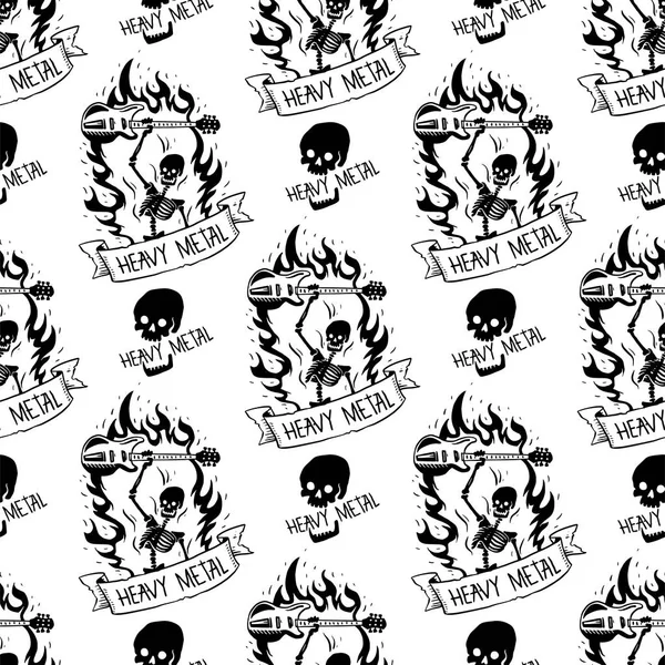 Zware rock badge vector vintage muzieklabel met punk schedel naadloze patroon achtergrond hard geluid sticker embleem illustratie — Stockvector