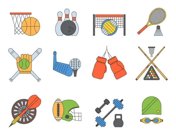 Ensemble d'icônes vectorielles de sport dans la ligne de conception plate pictogramme fitness sportifs symbole jeu trophée compétition haltère activité illustration. Basket-ball, football, hockey, golf — Image vectorielle