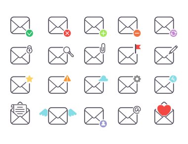 İleti illüstrasyon yazma e-posta mektup vektör simgeler kümesi zarf kapak iletişim yazışma boş adres anahat posta kutusu tasarım kağıt boş oyun kağıdı. E-posta kavramı