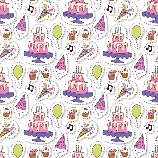 Happy birthday party celebration entertainment confetti present balloon decoration for holiday fun anniversary congratulation seamless pattern background vector illustration.