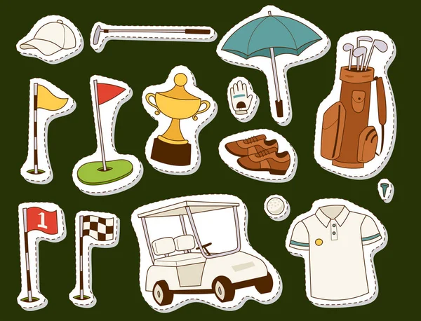 Golfové ikony hobby auto zařízení vozík hráče golfové sportovní symbol vlajky jamka herní prvky vektorové ilustrace. — Stockový vektor