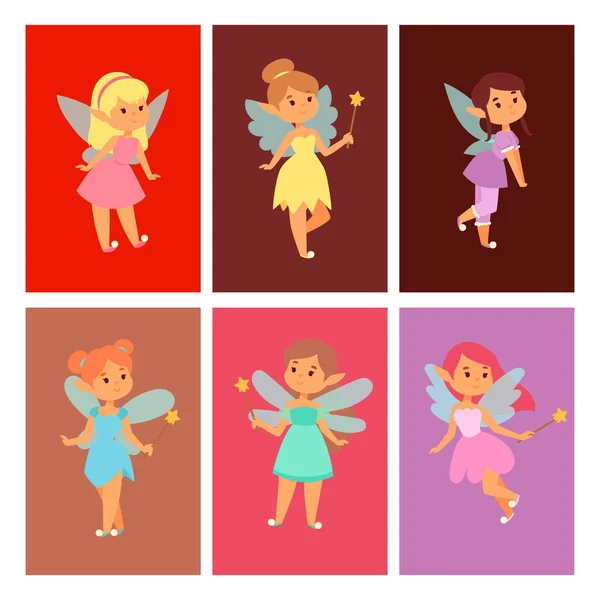 Tündérek hercegnő kártyák tündér lány vector aranyos szép karakterstílus rajzfilm tündérország divat ruha magic fantasy dress mese korona kisgyerek. — Stock Vector