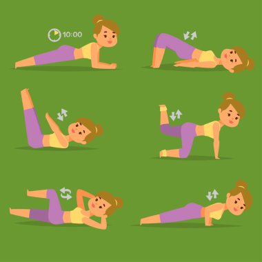 Evde egzersiz fitness karakter eğitim koçluk sağlıklı yaşam ve beslenme kavramı illüstrasyon kadın ev egzersiz vektör.