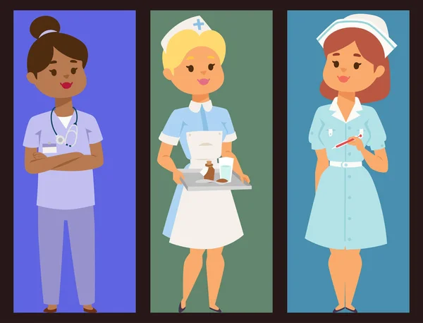 Doctor asistentă medicală personaj vector broșură medical femeie personal design plat echipa spital oameni doctorat ilustrare . — Vector de stoc