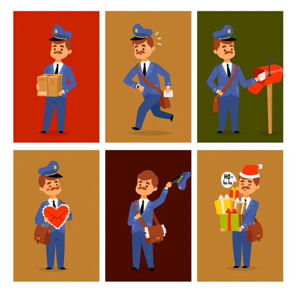 Postman delivery man character vector cards courier occupation carrier package mail shipping deliver professional people with envelope. — Stock Vector