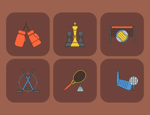 Conjunto de iconos de vectores deportivos en línea de diseño plano pictograma fitness deportistas símbolo juego trofeo competición manivela actividad ilustración. Baloncesto, fútbol, hockey, golf — Vector de stock