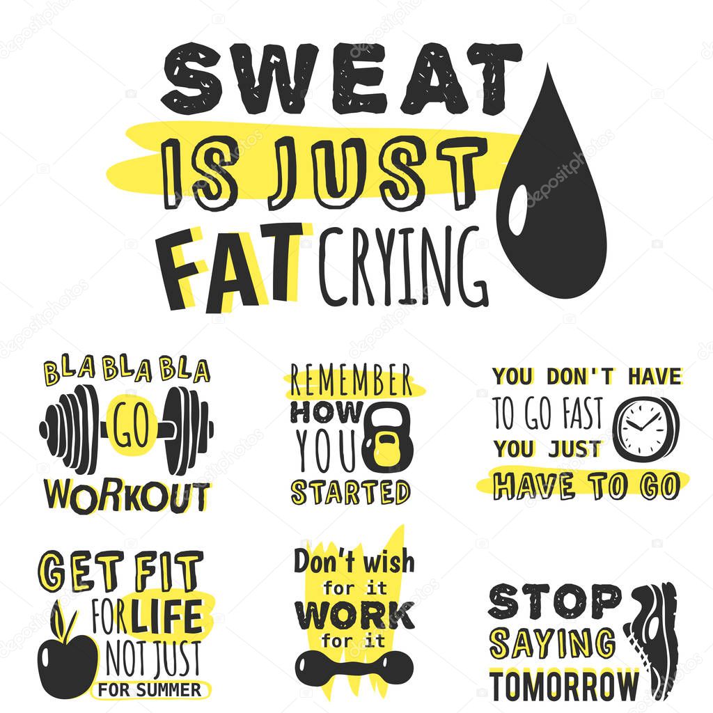 Sport motivational logo vector design hand drawn element banner gym crossfit trainings motivation text lettering illustration. Work positive motivate concept message typographic workout lifestyle.