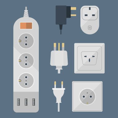 Elektrik fişleri yığını çıkış illüstrasyon enerji soketi elektrik prizi takılan Avrupa ve ABD, Asya cihaz iç simgesi. Tel kablo kablosunu tak-bağlantı elektrik prizi takılan Çift Kişilik Amerikan