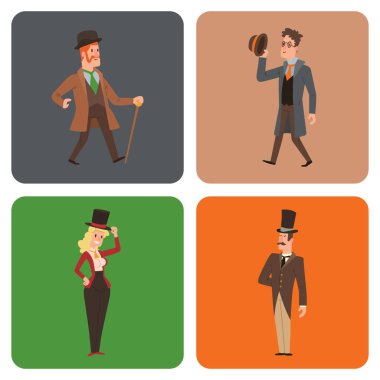 Vintage Victoria karikatür beyler retro insanlar vektör. Antika yüzyıl karakter Victoria gent insanlar vintage vahşi batı erkek ve kadın tarzı giyim tarzı moda eski insanlar Victoria beyefendi