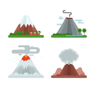 Volkan magma vektör doğa duman krater volkanik dağ sıcak doğal Erüpsiyonu deprem illüstrasyon ile havaya.