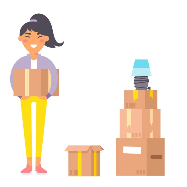 Happy young woman vector flat people moving in new house movement apartment together. Happy young girl moving service. Woman carrying boxes together with family person unpacking box character set — Stock Vector