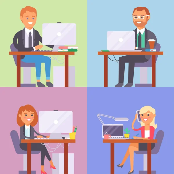 Vector flat people work place business worker person working on laptop at the table in office coworker businesswoman and businessman character computer illustration —  Vetores de Stock