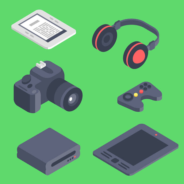Isometric vector gadget computer devices icons wireless technologies mobile communication 3d illustration. Digital electronic technology isomerical tools technology