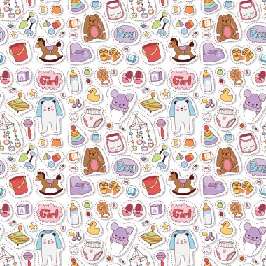 Bebek oyuncak simgeler Aile çocuk toyshop tasarım sevimli erkek ve kız çocuk çocukluk sanat bebek bezi aşk çıngırak Dikişsiz desen arka plan vektör çizim karikatür.