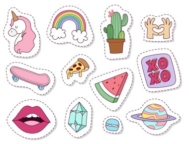 Hipster yamalar öğeleri elle çizilmiş şirin moda çıkartmaları doodle pop sanat kroki pimleri ve komik rozet vektör halat.