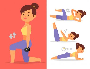 Evde egzersiz fitness karakter eğitim koçluk sağlıklı yaşam ve beslenme kavramı illüstrasyon kadın ev egzersiz vektör.