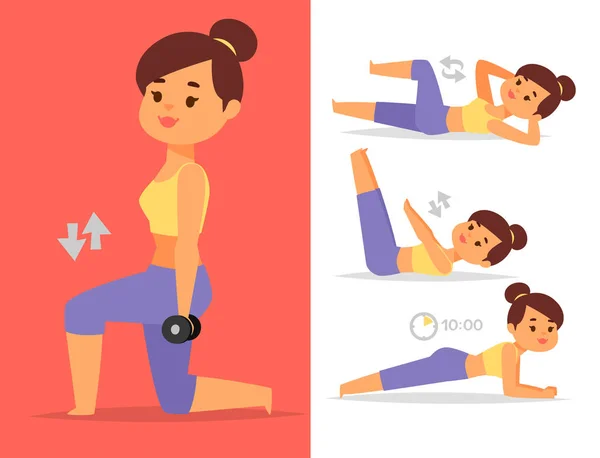 Vrouw thuis training vector oefenen thuis fitness karakter opleiding coaching gezonde leef- en dieet concept illustratie. — Stockvector