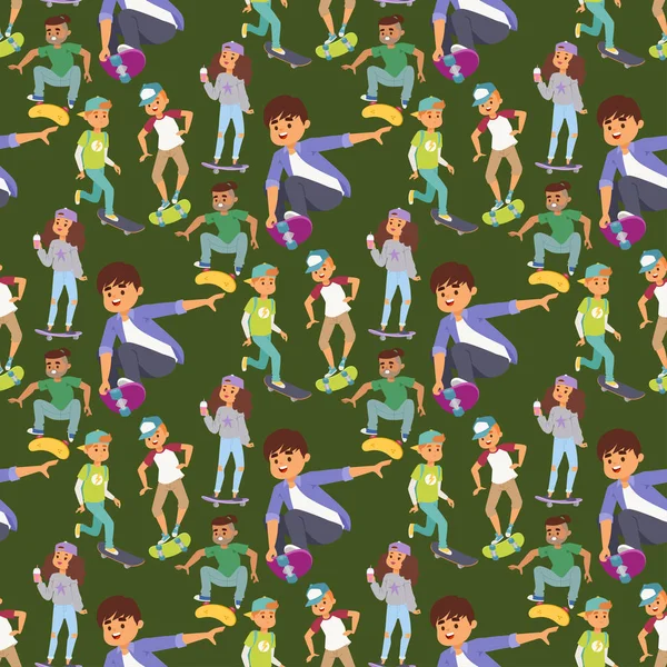 Skateboard characters vector stylish skating kids illustration skate cartoon male activity extreme skateboarding seamless pattern background.
