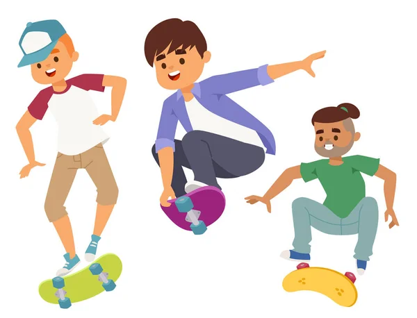 스케이트 보드 문자 벡터 세련 된 스케이트를 타는 아이 들 그림 스케이트 만화 남성 활동 극단적인 스케이트 보드 아이콘. — 스톡 벡터