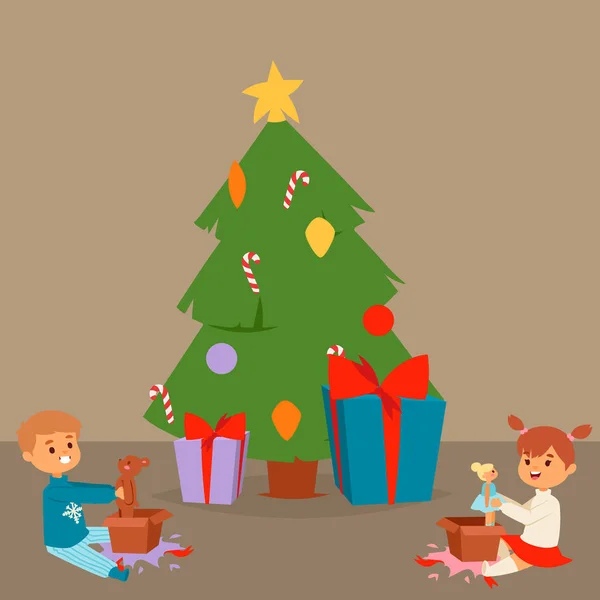 Noel ağacı çizgi film yeni yıl Noel çocuk Noel çocuklar vektör karakter oyun Kış Oyunları Çocuklar kış tatil — Stok Vektör