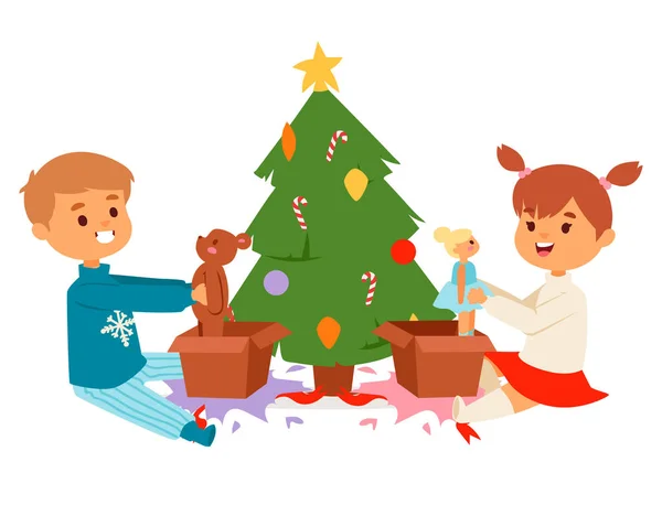Christmas kids vector character playing winter games winter children holidays christmas tree cartoon new year xmas kid — Stock Vector