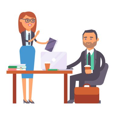 Laptop çizimde office iş işkadını ve işadamı karakter işyeri bilgisayar masasında çalışan vektör düz insanlar iş yerinde iş işçisi kişi